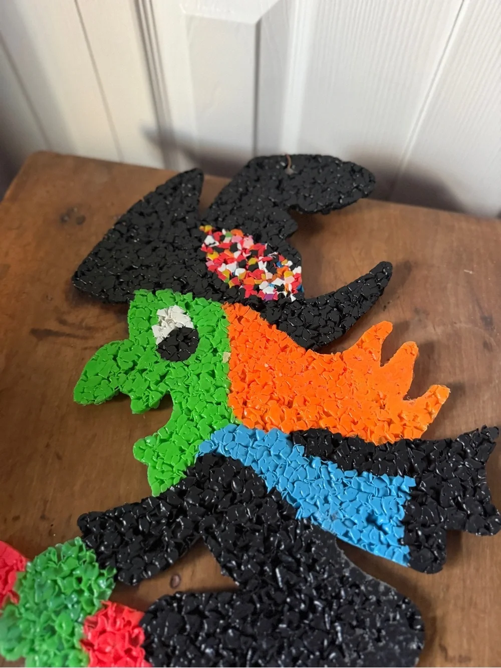 Vintage Melted Popcorn Plastic Halloween Witch on Broom Wall Decoration
